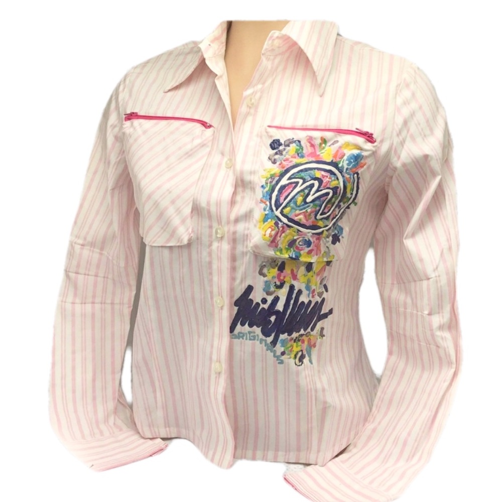 Women’s Miskeen Pink White Striped Button Down Shirts